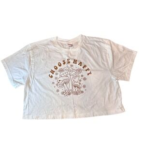 Belle Du Jour Crop Top Women Large White Mushroom Graphic Choose Happy White